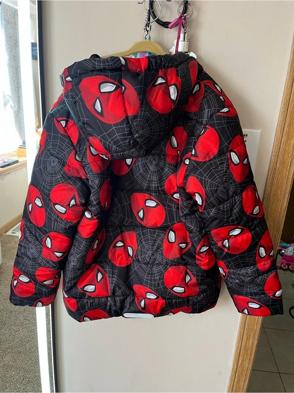 Marvel Black Puffer Jacket with Red Spider-Man Face Print